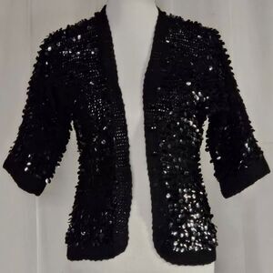 Mantessa Vintage MCM Black Sequin Embellished Italian Wool Jacket Sweater